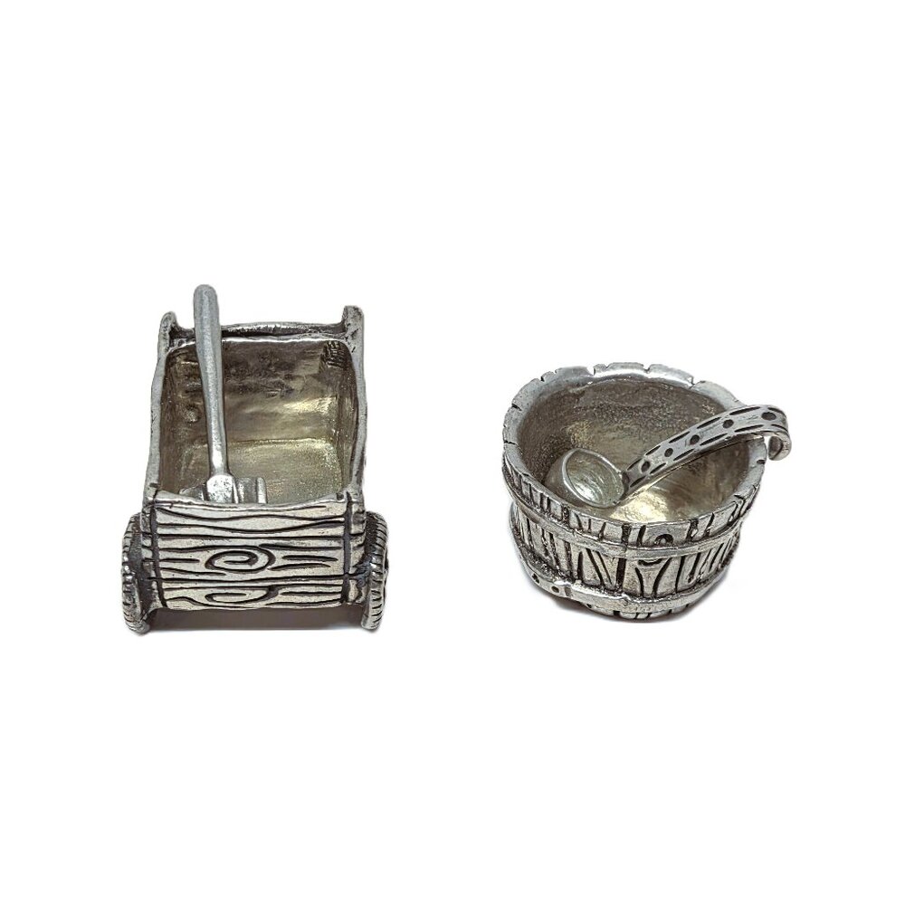 Vtg Metal Morphosis Wheelbarrow Bucket Salt Pepper Cellar Set Spoon Lot Pewter